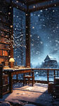 温暖的书房，大落地窗外是雪景，写实，无人，夜景，房间内没有雪，无雪花