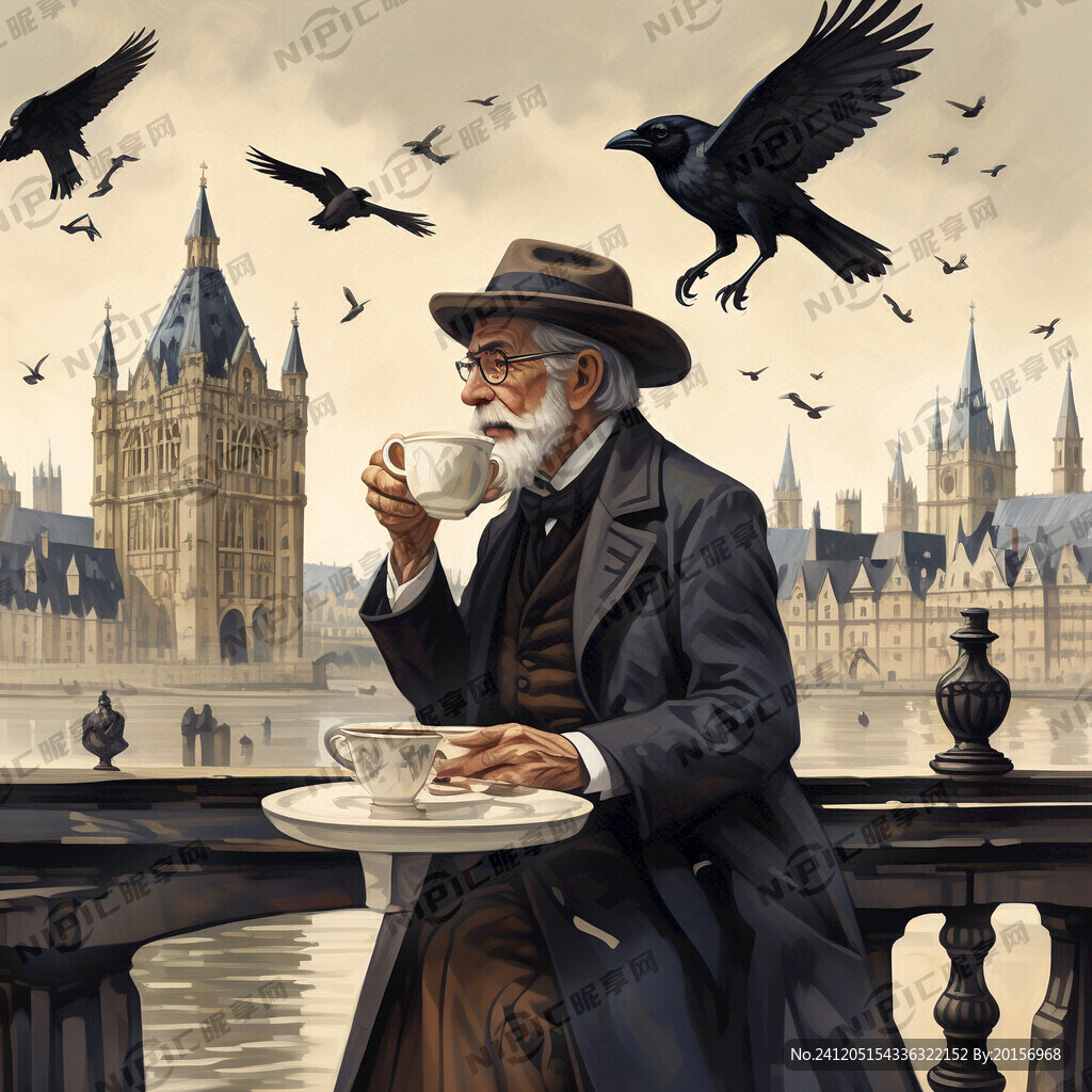 英国老年绅士在伦敦桥上喝咖啡。
