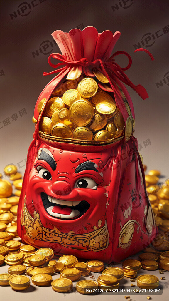 红色的装满金元宝的福袋 暖色调
