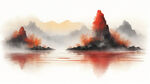 中国山水画，气融合，红色，橙色，黄色