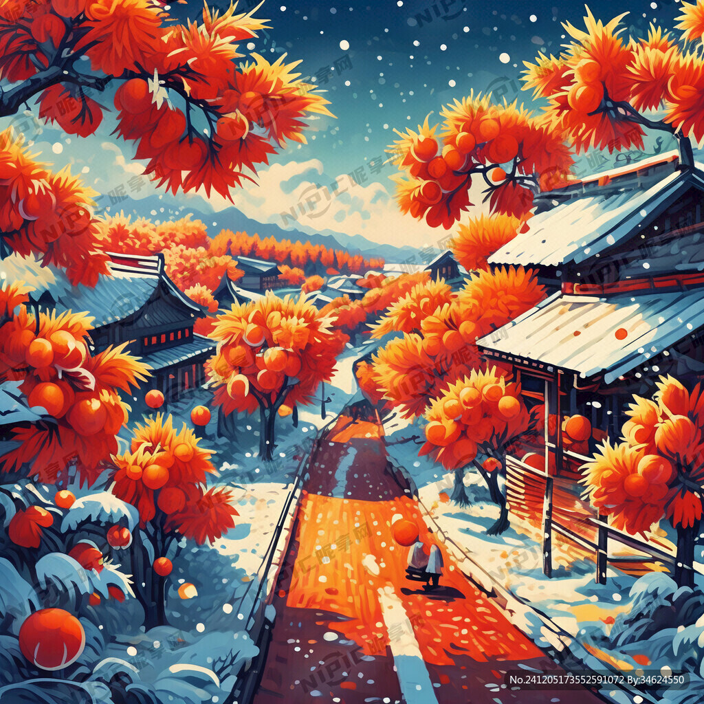 冬季柿子农村小路插画