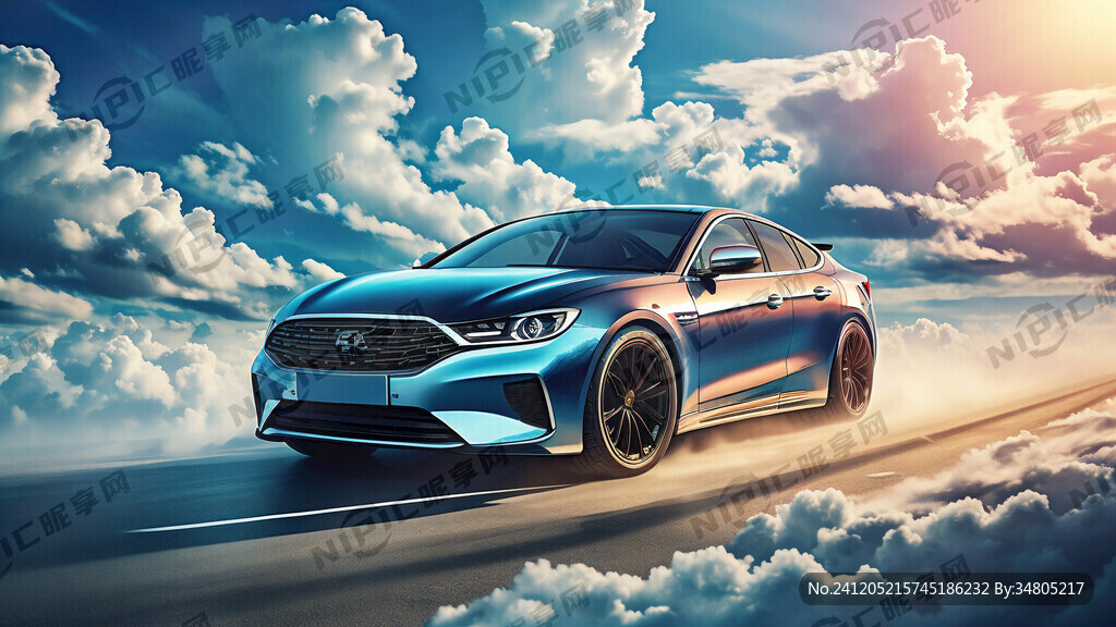 从蓝天白云中开出来一辆汽车