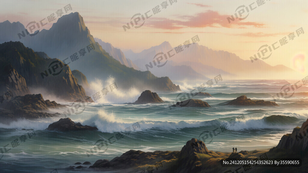 文笔山 彩色山水画 大海