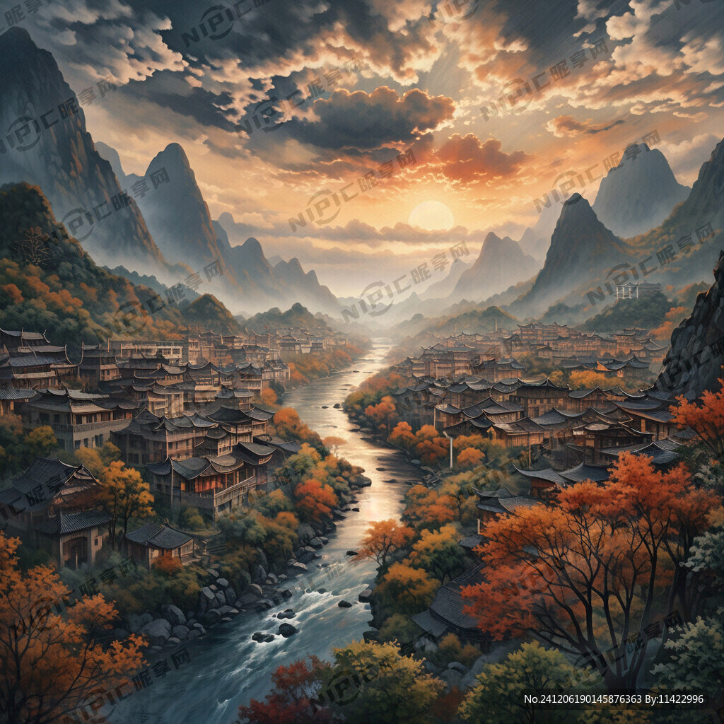 层峦叠嶂的秋日山野 贵州苗族楼
