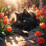 可爱黑色猫咪 睡着猫咪  倒影 花丛 郁金香花 插画 阳光 温暖