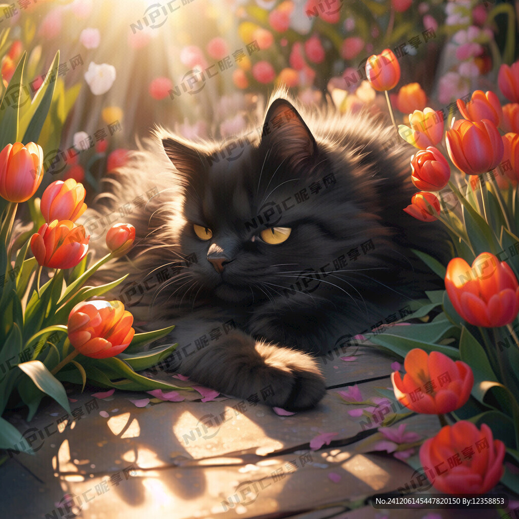 可爱黑色猫咪 睡着猫咪 倒影