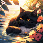 可爱黑色猫咪 睡着猫咪 温柔猫咪 水边  倒影 花丛 插画 阳光 温暖