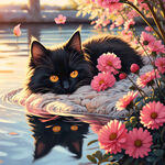 可爱黑色猫咪 睡觉猫咪 温柔猫咪 水边  倒影 粉色 花丛 插画 阳光 温暖