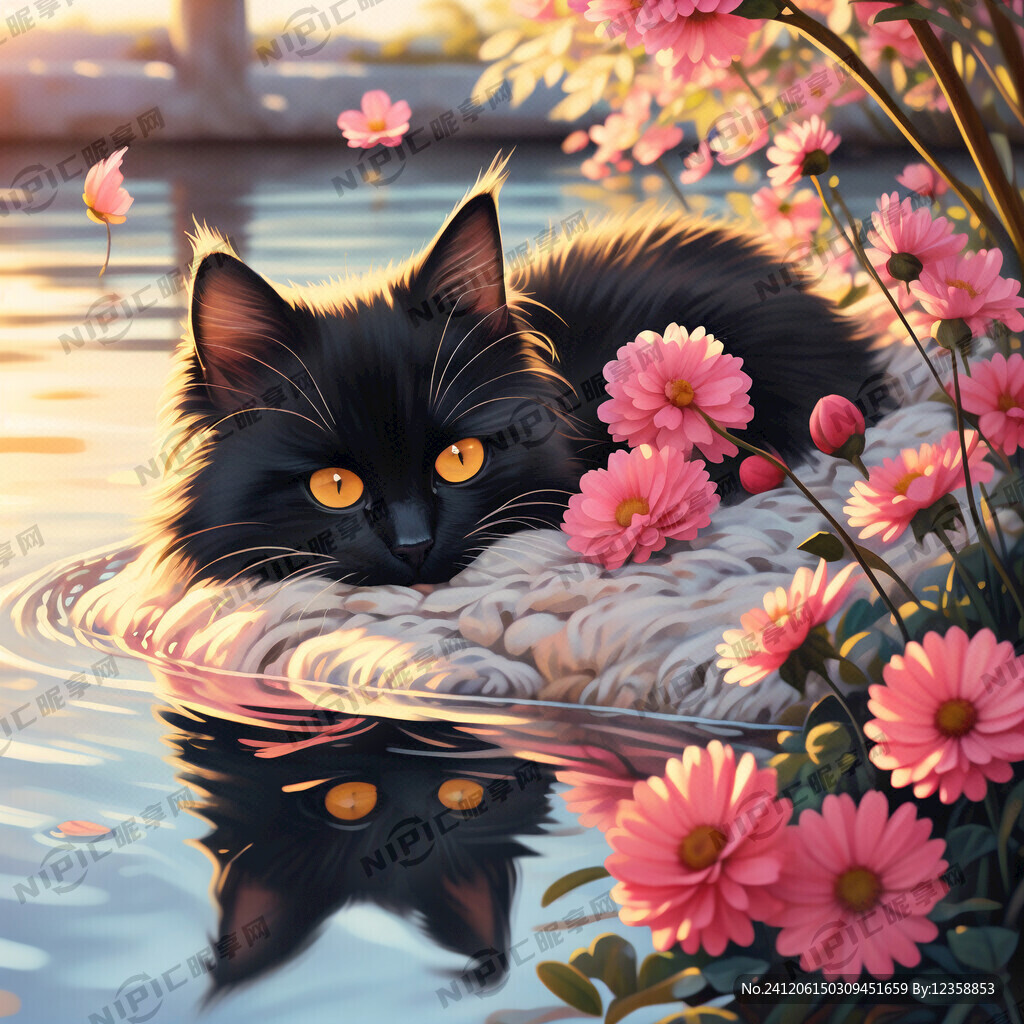 可爱黑色猫咪 睡觉猫咪 水边