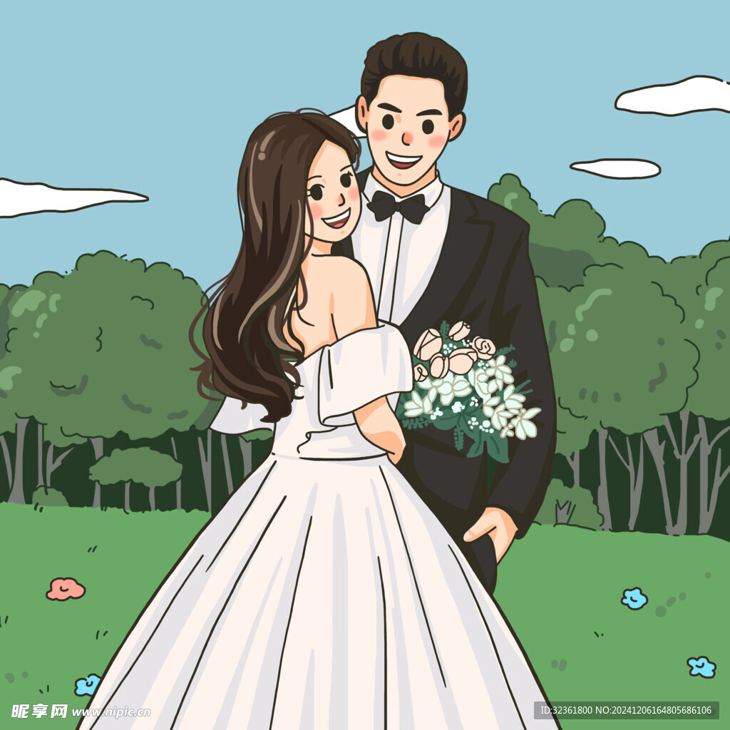 森系外景手绘情侣婚纱照
