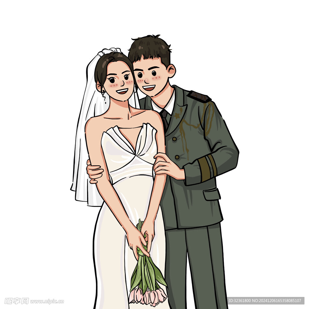 手绘卡通情侣婚纱照半身照头像白