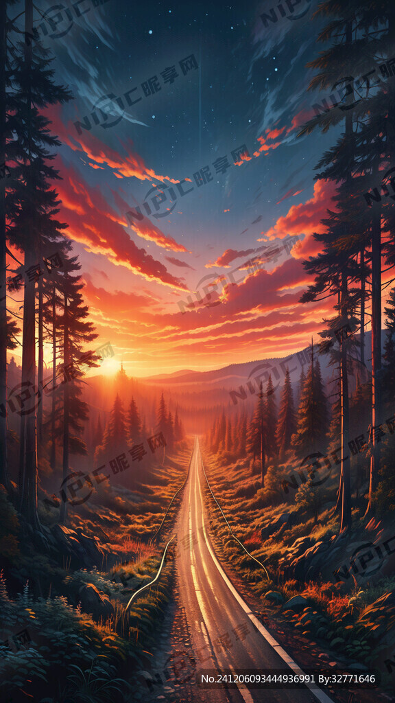森林 公路 太阳 早晨