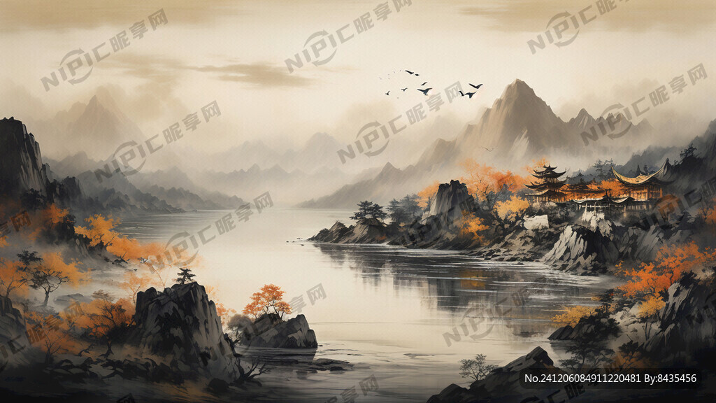 长白山天池 水墨画风
