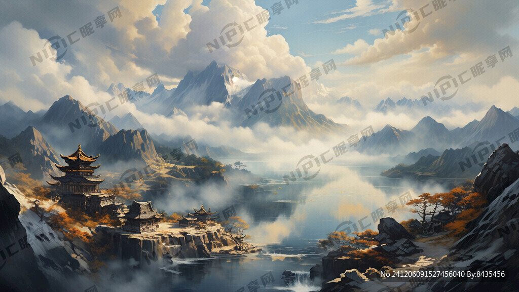长白山天池 水墨画风