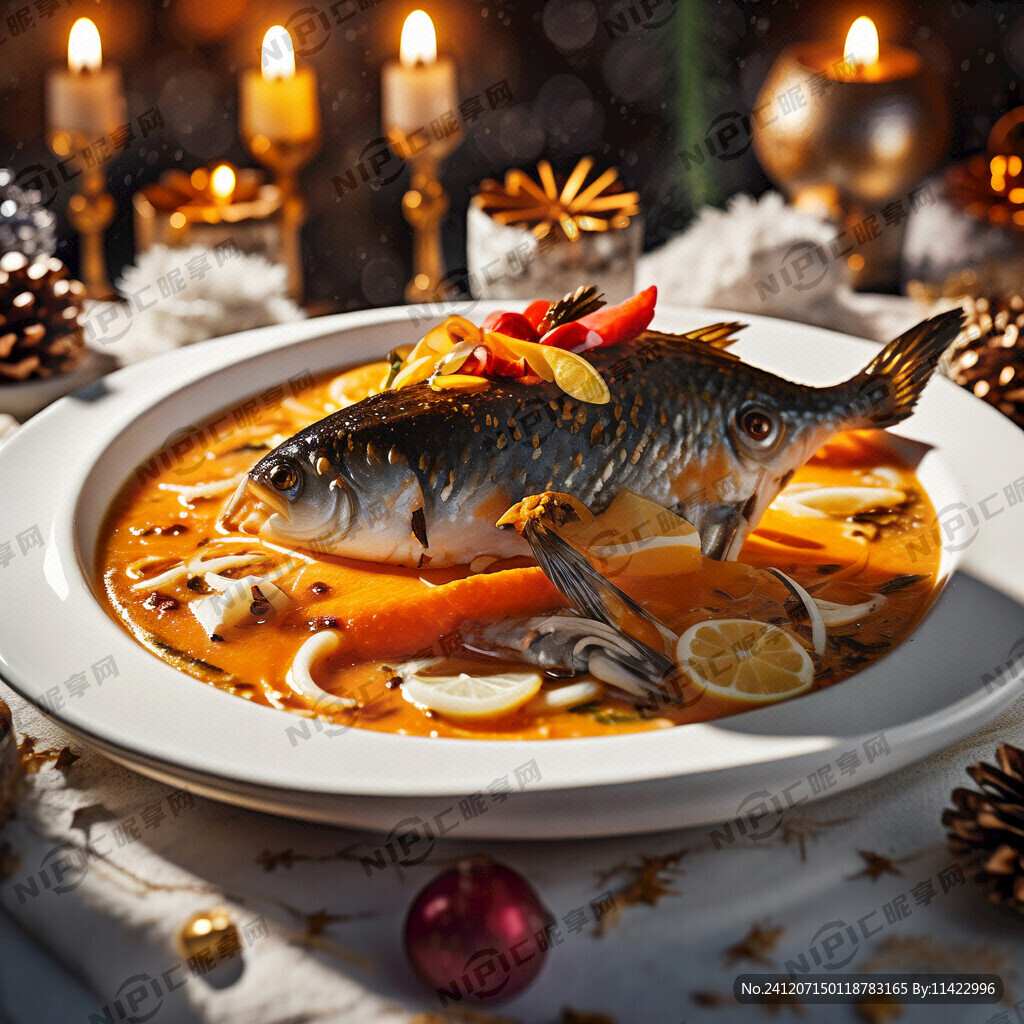 纯白的盘子里 鱼片泡在汤里