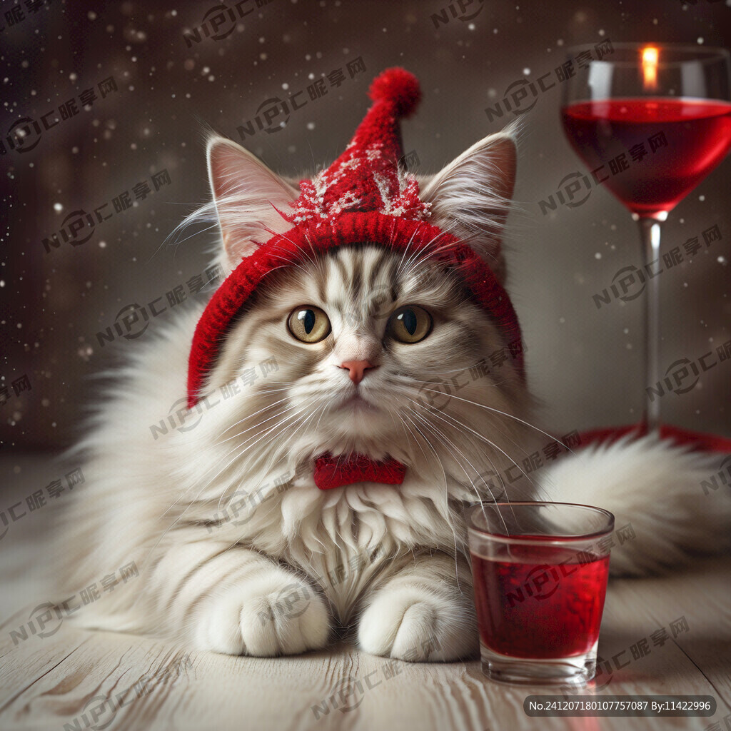 1只可爱的白毛布偶猫戴着红色圣