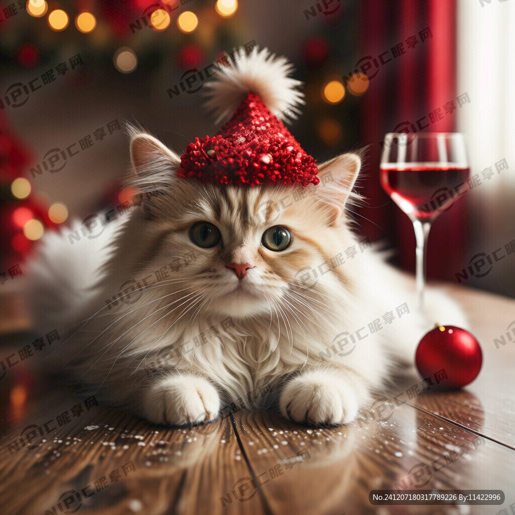 1只可爱的白毛布偶猫戴着红色圣