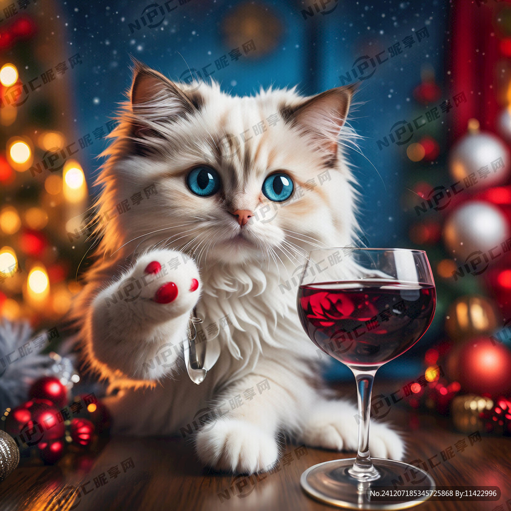 白色蓝眼睛布偶猫右爪举起高脚杯