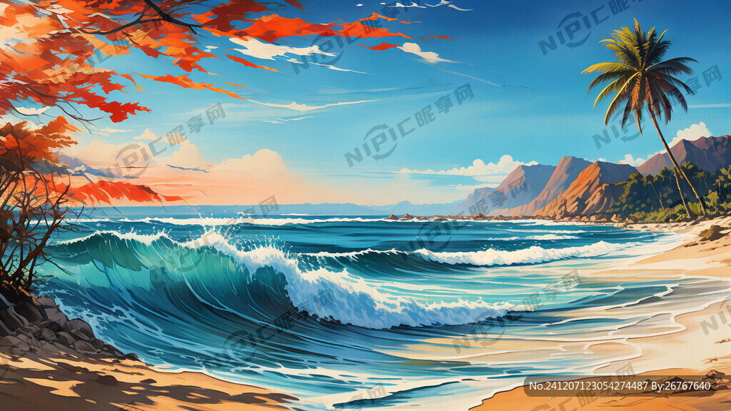 海浪沙滩大海 远山 椰子树