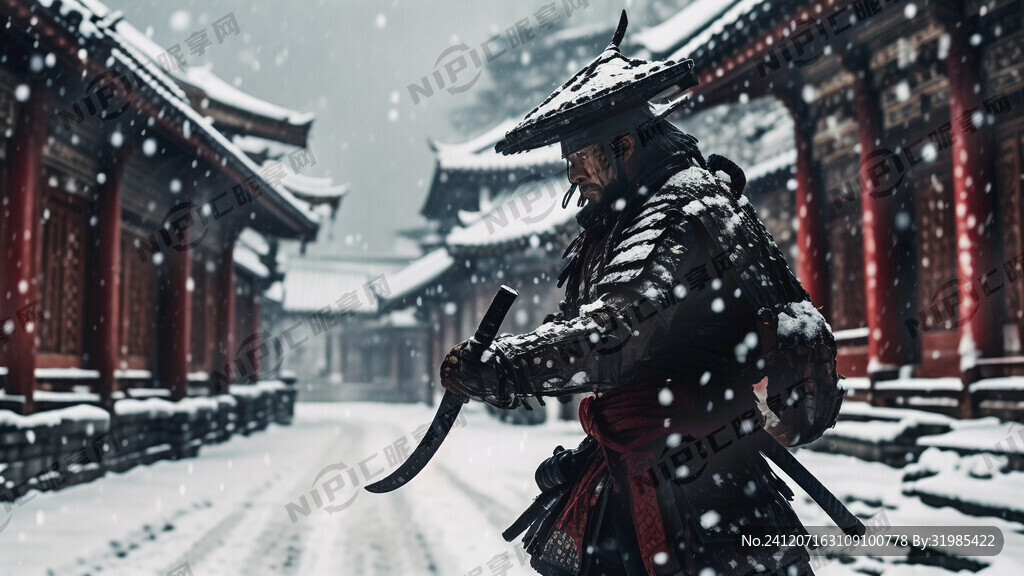 武士拿着武士刀 雪 古建筑
