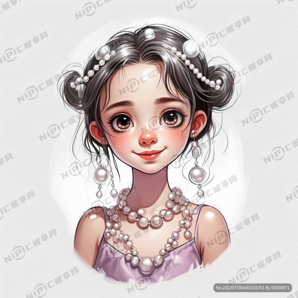 卡通儿童美术作品 戴珍珠的少女