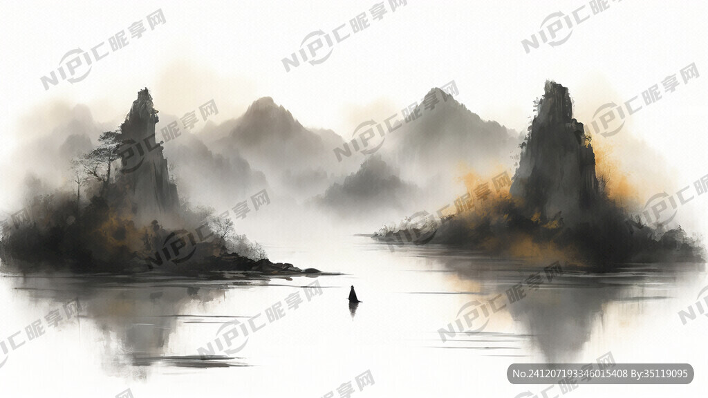 新中式 山水画 墨绿色