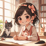 卡通可爱女孩写字，有笑容，有猫，端正写字