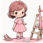 卡通可爱的画画小女孩，穿粉色裙子