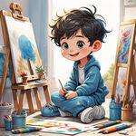 卡通可爱的小男孩坐着在画画，地上有画笔，有画板展架。穿蓝色衣服