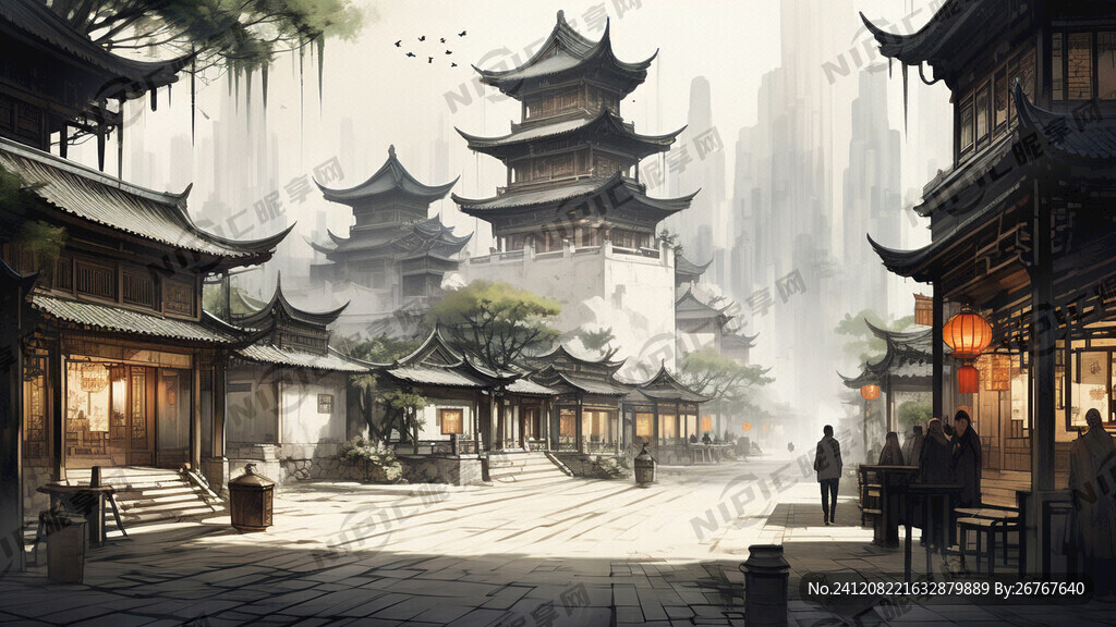 手绘中国古代商业街道