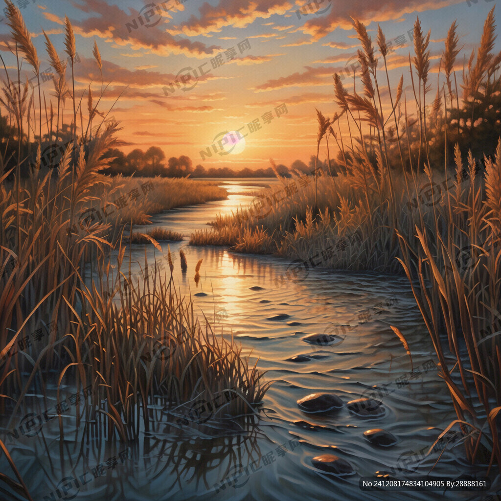 芦苇  小河  夕阳  波浪