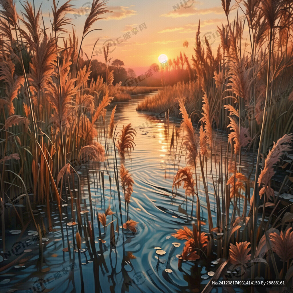 芦苇  小河  夕阳  秋天