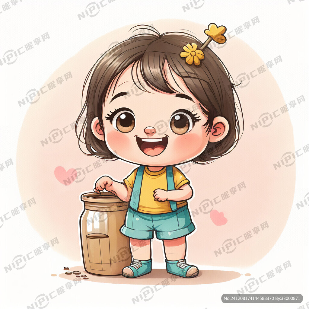 一张卡通美术儿童图片抱着罐子的