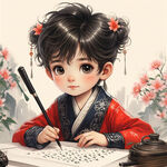 可爱俏皮的古风小男孩，认真的写毛笔字