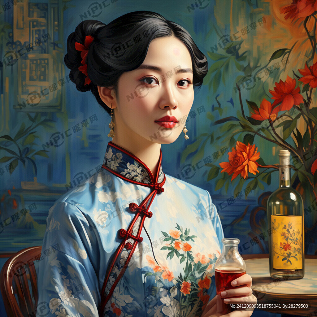 民国风穿旗袍女子 手里拿瓶酒