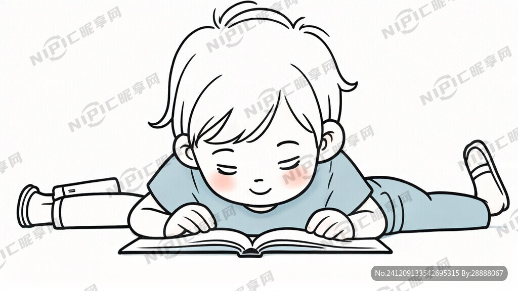 生成一副简笔画卡通儿童趴着看书