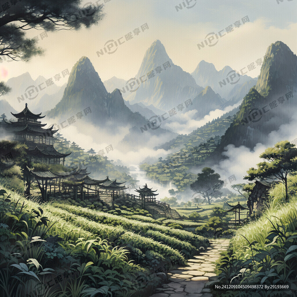 五座线条山峰为背景