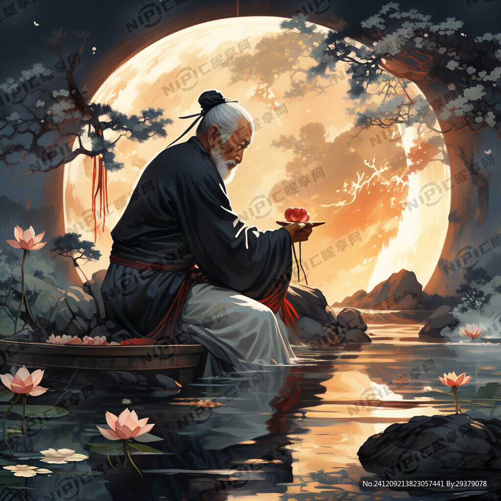 月亮 老人 太阳 莲藕 溪流