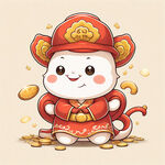 蛇，卡通，大眼睛，可爱，财神帽，金元宝，撒金币，线条清晰，轮廓完整，色彩鲜艳，正能量