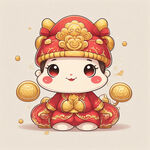 蛇，卡通，大眼睛，可爱，财神帽，拜年，金元宝，撒金币，线条清晰，轮廓完整，色彩鲜艳