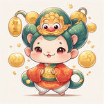 青蛇宝宝，卡通，大眼睛，可爱，财神帽，拜年，金元宝，撒金币，线条清晰，轮廓完整，色彩鲜艳