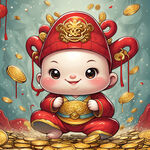 青蛇宝宝，卡通，大眼睛，可爱，财神帽，拜年，金元宝，撒金币，线条清晰，轮廓完整，色彩鲜艳