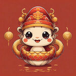 主体卡通蛇，大眼睛，财神帽，拜年，金元宝，撒金币，线条清晰，轮廓完整，色彩鲜艳