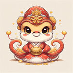 主体卡通蛇，大眼睛，财神帽，拜年，金元宝，撒金币，线条清晰，轮廓完整，色彩鲜艳
