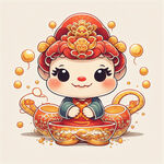 主体卡通蛇，大眼睛，财神帽，拜年，金元宝，撒金币，线条清晰，轮廓完整，色彩鲜艳