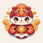 主体蛇，大眼睛，财神帽，拜年，金元宝，撒金币，线条清晰，轮廓完整，色彩鲜艳