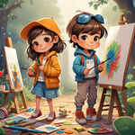 卡通可爱的男孩，女孩一起画画，，有画板，轮 廓清晰完整，高清，完美彩色涂装