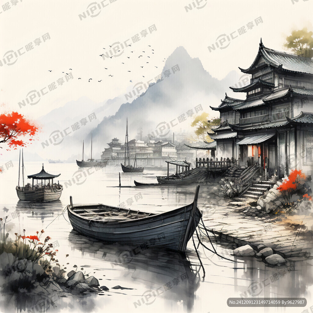 手绘国潮 码头 繁华的岸上