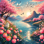 春季景色 插画 粉色花朵 桃花 郁金香 迎春花 草地 水边 山水 浪漫风格 燕子 鸟 阳光 白色猫咪