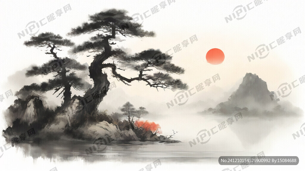 山水画 迎客松 流水生财 落日